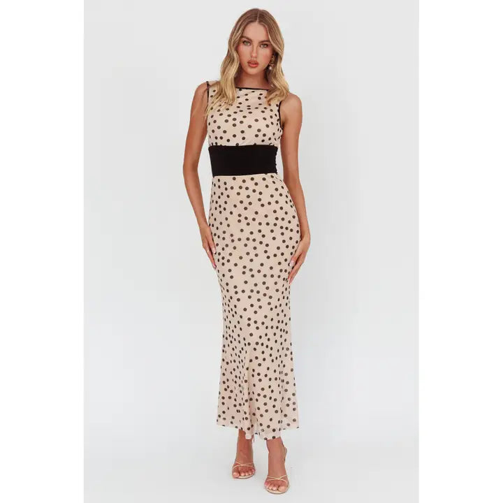 Beige Polka Dot Maxi Dress Blanc Closet Beige Polka Dot Maxi Dress Blanc Closet